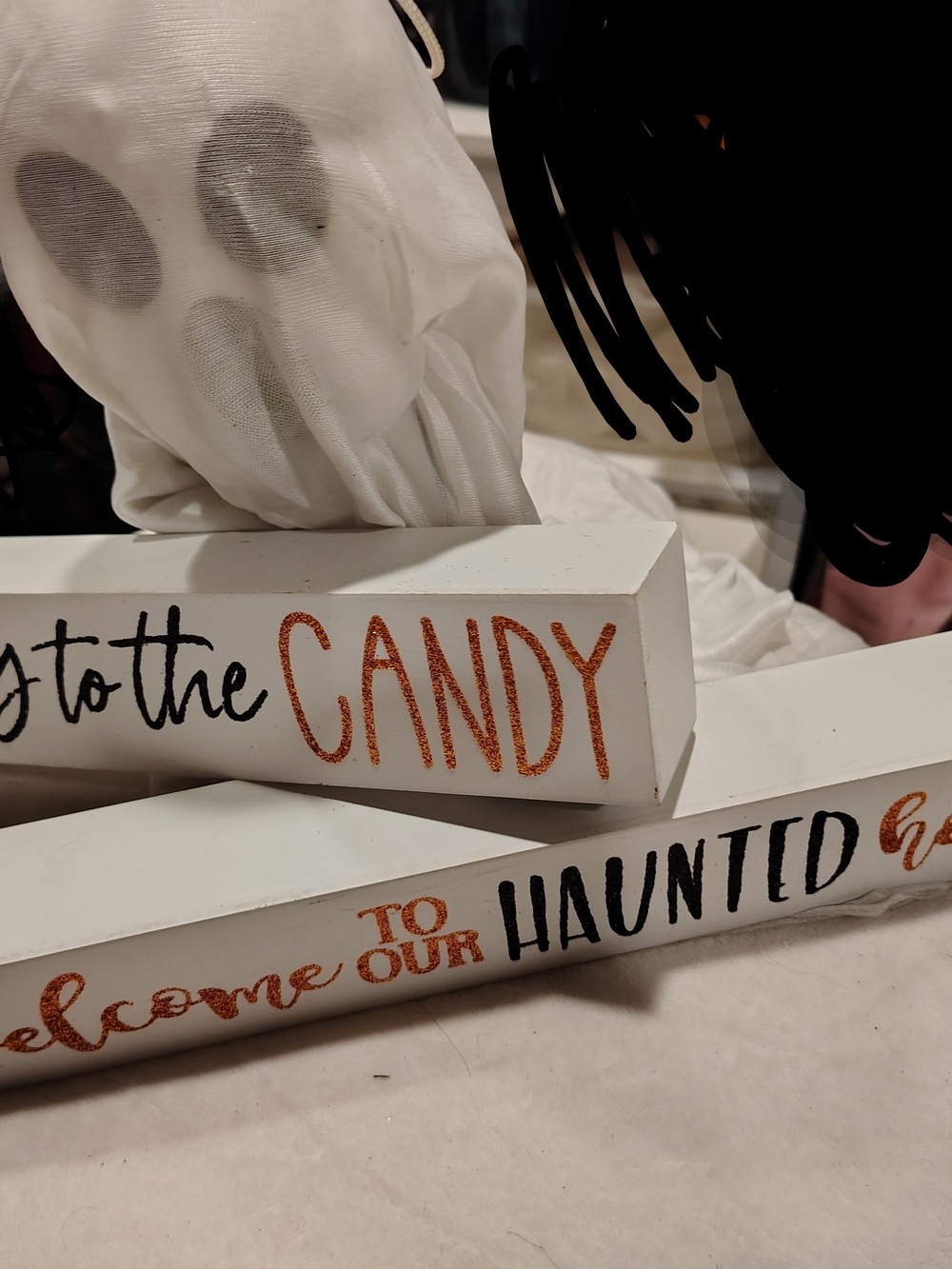 White Halloween Wood Signs with Orange Glitter Lettering
